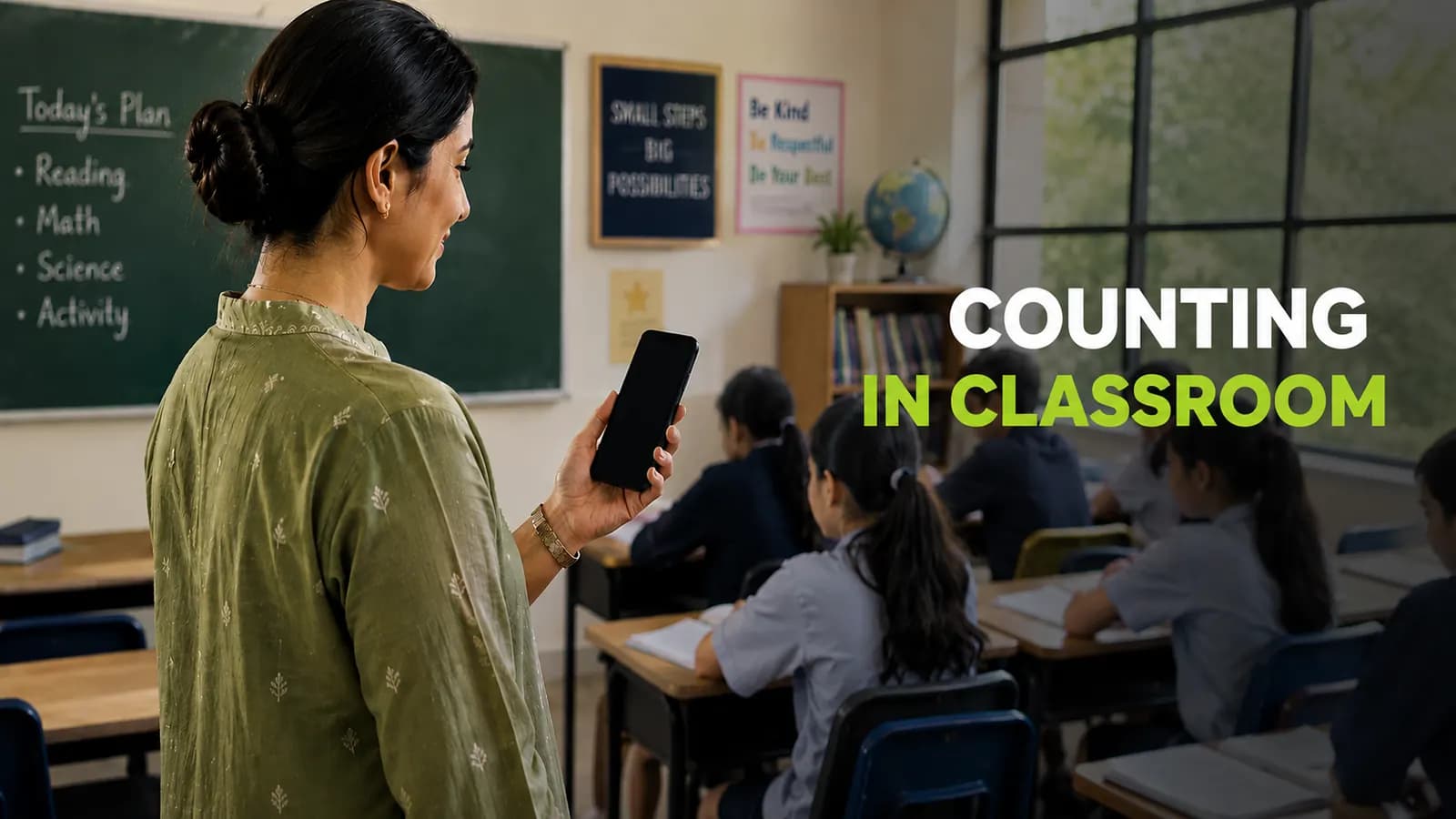 Teacher taking classroom attendance with a digital tally counter on her phone