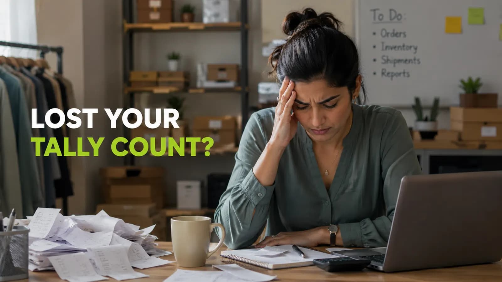 Stressed small business owner who lost her tally count at a cluttered desk of paper receipts